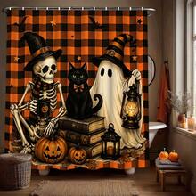 1/4pcs Halloween Funny Skeleton Ghost Black Cat Shower Curtain Set, With 12 Hooks Waterproof Polyester Bath Curtain, Bathroom Curtain, Privacy, Thickened, Durable Quick Dry, 180*180cm Size, Halloween Thanksgiving Autumn Harvest Bathroom Decor - A - View 9