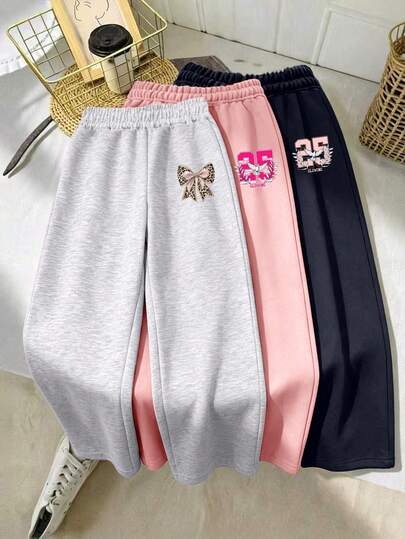 3pcs/Set Girls Cartoon Print Casual Wide Leg Pants, Loose Fit Design, Soft & Comfortable, Suitable For Daily Wear
