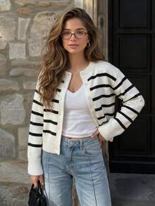 FORYEE Women's Striped Front Button Knit Cardigan, Long Sleeve Round Neck Casual Sweater, Daily Commute Preppy Style Autumn Fashion Outfit - Apricot - View 2