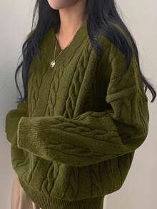 EAVA 女款極簡 V 領寬鬆休閒針織上衣，靜奢風，情人節 - 軍綠色 - 查看 2