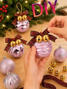 1/6/12/24pcs Pink Christmas Ball Ornament Set With Gold Bells And Plaid Ribbons, Mixed Color Christmas Tree Hanging Balls, DIY Holiday Decoration, Gift Packaging, Home Fireplace And Holiday Party Decor - Multicolor - View 3