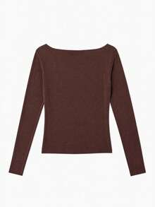 Autumn/Winter Solid Color Slim Fit Flattering Asymmetrical Shoulder Long Sleeve Elegant Knit Sweater - Brown - View 6