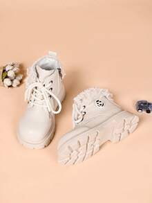 Girls' Sweet Cool Style Black Boots With Lace Trim, Badge, Thick Sole, Anti-Slip And Side Zipper - White - View 4