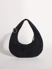 Black PU Tie-Dye Vintage Crescent Moon Underarm Bag, Personalized Rivet Turquoise Inlaid Embellished Shoulder Bag, Shopping Bag (Mottled Marks Are Tie-Dye Craft, Not Defects) - Black - View 5