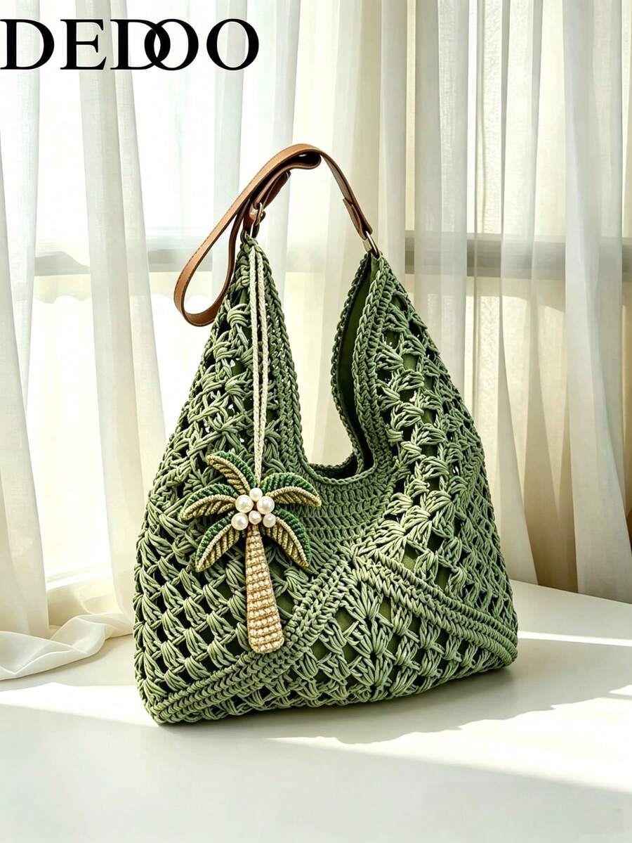 Dedoo Women's Crochet Bohemian Large Capacity Shoulder Bag, Beaded Coconut Tree Pattern, Leather Handle, Suitable For Summer (Random Pendant Hook)
