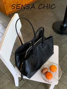 Solid Color Unadorned Oil Wax Crinkled Large Capacity Storage Zipper Closure Lazy High-End Shoulder Tote Bag Women's Daily Business Trip Commute Student Class Handbag Soft Leather Tote Bag - Black - View 6