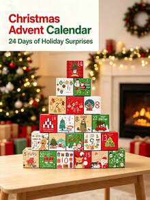 24/12pcs Christmas Countdown Calendar Box Set, 24-Grid Numbered Christmas Illustration Printed Square Paper Boxes, Christmas Advent Calendar Packaging Boxes, Holiday Countdown, Candy & Small Gift Storage, Decorative Paper Box Set - Multicolor - View 2