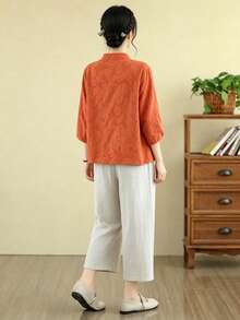 Women's Chinese Style Embroidered Frog Button Jacquard Linen Shirt, Stand Collar Rolled Sleeve 3/4 Sleeve Loose Fit Blouse - Orange - View 7