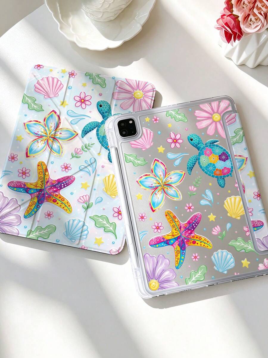 1pc Colorful Turtle Starfish Shell Flower Acrylic Y-Fold Protective Case, Magnetic Closure With Pen Slot, Auto Sleep/Wake Support, Compatible With IPad 5/6/7/8/Air 3/4/5/6/7/8/Pro 11/10th/11th/Mini 6/7 Shockproof Tablet Shell - Multicolor - View 1