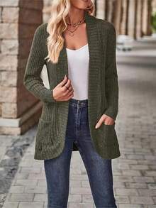 New Plus Size Women's Solid Color Knit Cardigan, With Pockets, Regular Length, Suitable For Autumn/Winter Daily Outings, Versatile Commute Long Sleeve Top - Army Green - View 3