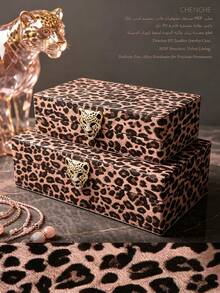 2pcs Set Large Capacity Pink Leopard Print PU Jewelry Box With Gold Rhinestone Leopard Head Zinc Alloy Clasp, Rectangular With Lid And Velvet Lining, Jewelry Storage Organizer For Bedroom Vanity, Mother's Day Valentine's Day Gift For Women - Black and Pink - View 13