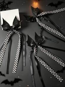 1pc Halloween Dark Bat‑Wing Bow Hair Accessory, Black‑White Checkered Long Ribbon Costume Hair Ornament - Multicolor - View 5