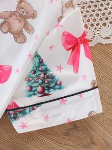 2pcs/Set Christmas Children's Short Sleeve Pajama Set, Flame Retardant Fabric, Christmas Tree Cartoon Bear Print Pattern, Lapel Short Sleeve Cardigan And Long Pants Set, All Season Wear, Home Wear, Comfortable And Loose, Girls Medium And Large Children - White - View 6