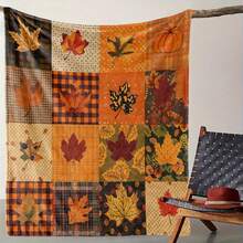 1pc Autumn Leaves & Pumpkin Pattern Flannel Blanket - Machine Washable, All-Season Multi-Purpose Knitted Bedding, Suitable For Sofa, Bed, Office, Camping, Travel - Multicolor - View 2
