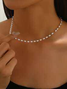 VceTd 1/2PCS Romantic Elegant Stainless Steel Women's Necklace Set With White Rice Bead Chain And Transparent Water Drop Pendant, Suitable For Daily Wear, Date, Or Holiday Gift - Yellow Gold - View 3
