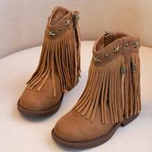 Sepatu bot ankle anak-anak bergaya vintage western dengan rumbai! Rumbai panjang unik dengan hiasan bintang, resleting samping untuk memudahkan pemakaian dan pelepasan, sol datar anti selip, sempurna untuk jalan-jalan dan berfoto. - Coklat - View 2