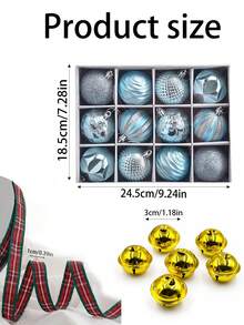 1/6/12/24pcs Ice Blue Christmas Ball Ornament Set With Gold Bells And Plaid Ribbons, Mixed Color Christmas Tree Hanging Balls, DIY Holiday Decoration, Gift Wrapping, Fireplace, Home And Holiday Party Decor - Multicolor - View 8