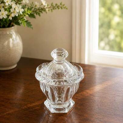 1pc 8.4x11cm Clear Glass Sugar Bowl With Lid, Petal Shaped Candy Dish & Coffee Station Condiment Storage Jar