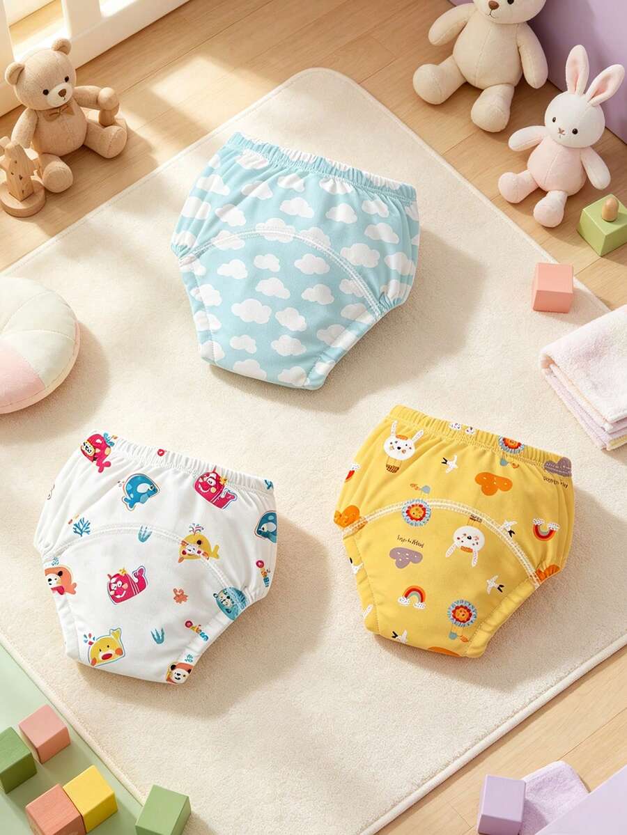 3 Buah Celana Latihan Toilet Bayi, Ramah Kulit, Lembut, Bernapas, Dapat Dicuci, Dapat Digunakan Kembali, Motif Beragam, Celana Latihan Toilet Bayi dan Balita, Sepanjang Musim - MultiWarna - View 1