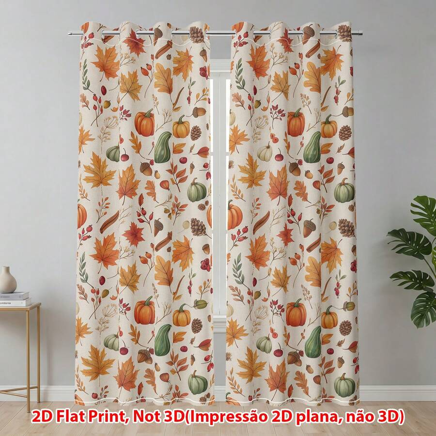 2 Pieces Autumn Pumpkin Maple Leaf Print Curtains, Harvest Farmhouse Style 100% Polyester Grommet Top Window Curtain Panels Light Filtering Privacy Drapes For Thanksgiving Fall Home Bedroom Living Room Decor - FY-1 - View 1
