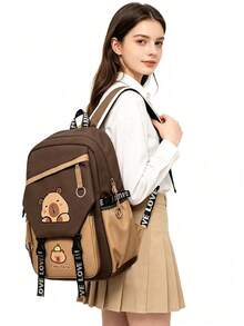 1pc Cute Capybara Colorblock Backpack, Lightweight Multi-Compartment Student Bag, Can Hold Textbooks, Laptop And Umbrella, Suitable For Men And Women - Brown - View 9