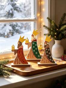 3pcs/1pc Christmas Wooden Three Wise Men Desktop Decor Set, Three Wise Men Figurines, Nativity Theme Decoration, Holiday Centerpiece, Rustic Style, Suitable For Fireplace, Dining Table And Christmas Party Scenes - A - View 4