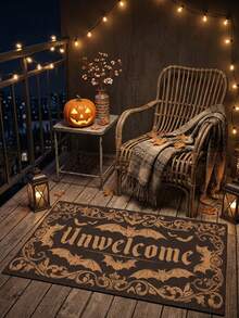 1PC Deep Brown Background Bronze Gold Bat Letter Pattern Entryway Door Mat, Dark Gothic Style Crystal Velvet Rectangular Luxurious Scrollwork Border Skull Detail Machine Washable Door Mat, Suitable For Halloween Party Entrance Garden Decor - Multicolor - View 5