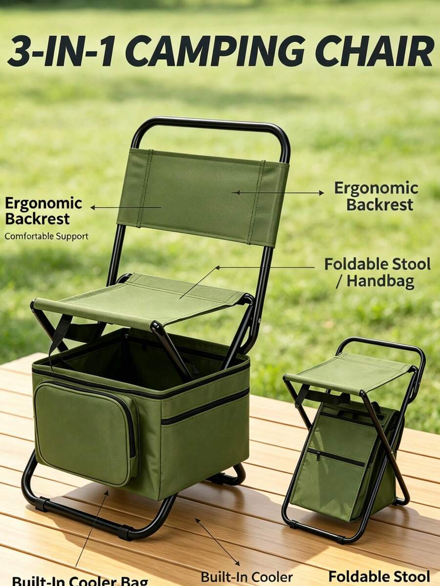 3-In-1 Folding Camping Chair With Ice Pack, Lightweight Portable Outdoor Fishing Stool With Backrest And Insulated Storage, Suitable For Picnic And Hiking - Multicolor - View 1
