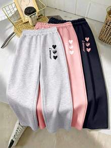 3pcs/Pack Girls Heart Print Casual Wide Leg Pants, Loose Fit Design, Soft And Comfortable, Suitable For Daily Wear - Multicolor - View 3