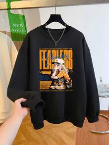 High Street Style FEARLESS Slogan Cartoon Character Print Black Crew Neck Sweatshirt Oversized Slimming Unisex Autumn/Winter - Black - View 3