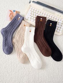2雙女款愛心刺繡純色中筒襪，柔軟時尚百搭，適合日常穿著，隨機配色 - 彩色 - 查看 5