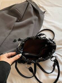 Solid Color Glossy Leather Shoulder Bag, Ruched Drawstring Design, Short Handle And Detachable Crossbody Strap, Flexible Switch Between Handheld And Crossbody, Ample Interior Space, Can Store Phone, Lipstick, Powder, Earphones And Other Small Travel Essentials, Suitable For Daily Shopping, Commuting, Work, Dating And Travel - Black - View 7