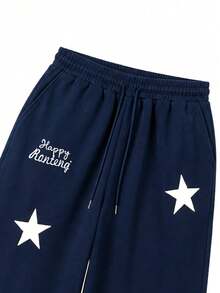 Women's Star Print Drawstring Pocket Sweatpants, Casual Loungewear Pants, Suitable For Running, Cycling, Fitness, Travel, All-Season Loose Fit - Navy Blue - View 6