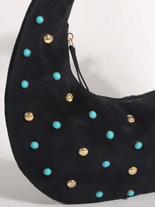 Black PU Tie-Dye Vintage Crescent Moon Underarm Bag, Personalized Rivet Turquoise Inlaid Embellished Shoulder Bag, Shopping Bag (Mottled Marks Are Tie-Dye Craft, Not Defects) - Black - View 7
