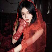 Red Vintage Lace Trim Bridal Veil, No Comb, Retro Style Bridal Headpiece, Suitable For Wedding, Proposal And Other Occasions - Burgundy - View 4