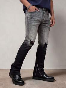 Men's Grey-Black Gradient Flared Jeans, Distressed Ripped Denim Pants, Double Side Zipper Split Hem With Fringed Raw Edge, All-Season Street Style Slim Fit Casual Jeans - Grey - View 4