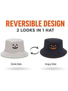 1pc Pumpkin Bucket Hat Halloween Orange Hat Men's Personalized Monster Embroidery Reversible Bucket Hat - A - View 7