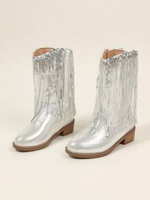 幼女銀色金屬感流蘇西部靴，飾珠拉鍊中筒派對鞋 - 銀色 - 查看 2