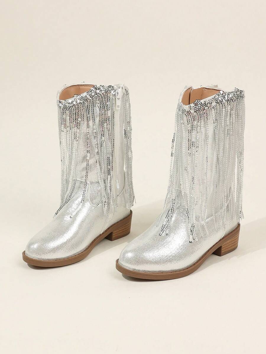 Toddler Girls Silver Metallic Fringe Western Boots With Bead Decor, Zipper Mid-Calf Party Shoes - Silver - View 1