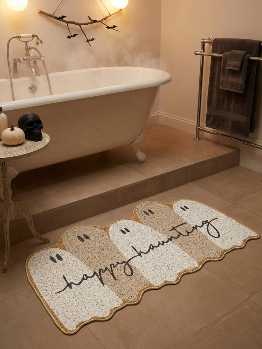 1PC Cream Beige Ghost Letter Pattern Bedside Blanket, Cute Quirky Style Faux Cashmere Rectangular Irregular Wavy Edge Handwritten Font Machine Washable Decorative Rug, Suitable For Halloween Party Bedroom Entryway Doormat Home Decor - Multicolor - View 1