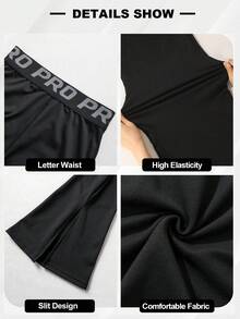 Women's Seamless Letter Split Hem Side Split Hem Workout Yoga Gymnastics Outdoor Leggings Flared Pants - Black - View 9
