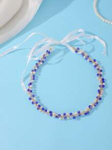 2pcs Vintage Elegant Royal Blue Crystal Pearl Headband, Wedding Accessory, Bohemian Rhinestone Pearl Bridal Headpiece - Multicolor - View 4
