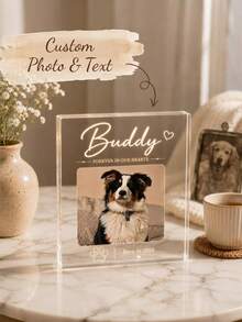 1pc Personalized Custom Pet Photo Memorial Plaque, Custom Photo & Engraved Paw Print Design, Transparent Square Desktop Memorial Plaque, Pet Memorial Sympathy Gift, Suitable For Pet Lovers, Dog & Cat Owners, For Home Desktop Display & Decoration - Multicolor - View 7