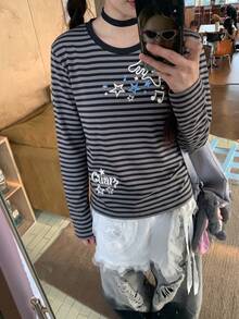 Y2K千禧風女款春秋新款休閒寬鬆條紋字母卡通數位印花長袖T恤上衣 - 深灰 - 查看 4