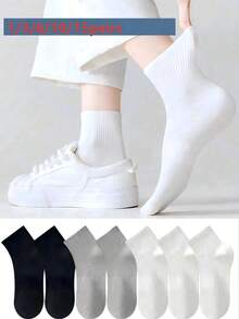6 Pairs Women's White Mid-Calf Socks, Breathable & Sweat-Absorbent, Comfortable Sports Multi-Function White Socks, Best Autumn Socks, Solid Color Casual Minimalist - White - View 18