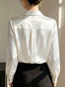 Women's Autumn Solid Color Satin Front Button Pocket Office Blouse White - White - View 3