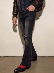 Men's Black-Grey Gradient Cat Whisker Distressed Ripped Knee Destroyed Design Frayed Hem Vintage Versatile Stretch Flare Jeans - Black - View 1