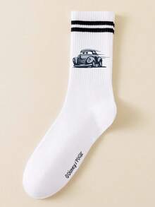 5/1 Pair Disney Men's Mid-Calf Socks, Black With Double Stripes And Car Pattern, Sports Socks - White - View 14