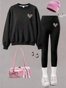 2pcs Set Suitable For Girls Big Tween Girl Round Neck Sweatshirt And Leggings Outfit, Leopard Print Heart Pattern Round Neck Sweatshirt + Leggings Set, Suitable For Autumn/Winter, Campus Style, Homecoming Outfit - Multicolor - View 2