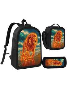 3-Piece Set Pencil Case, Lunch Bag, Backpack, Outdoor Fashion Backpack, Travel Bag, Adjustable Shoulder Strap Backpack - Burnt Orange - View 3